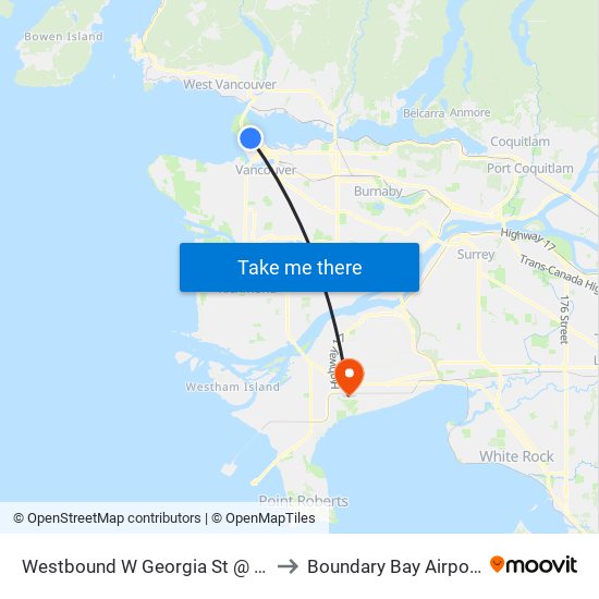 Westbound W Georgia St @ Denman St to Boundary Bay Airport (YDT) map