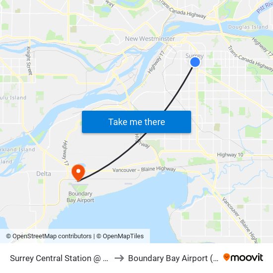 Surrey Central Station @ Bay 8 to Boundary Bay Airport (YDT) map