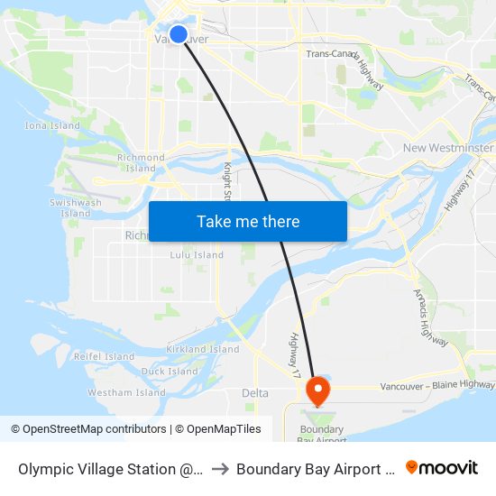 Olympic Village Station @ Bay 1 to Boundary Bay Airport (YDT) map
