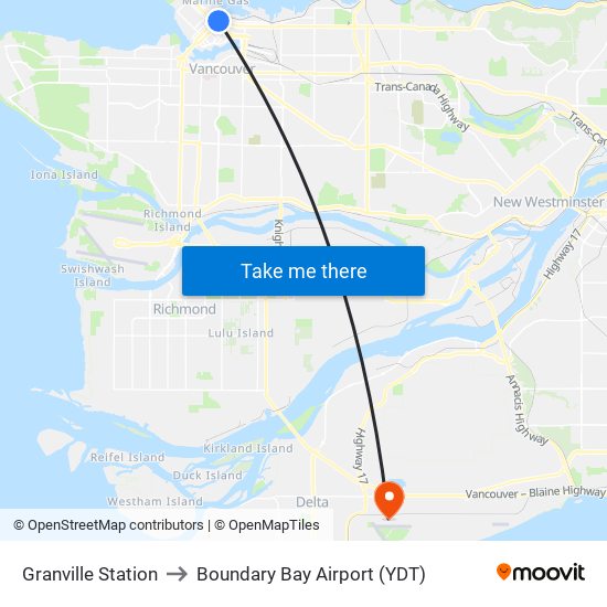 Granville Station to Boundary Bay Airport (YDT) map