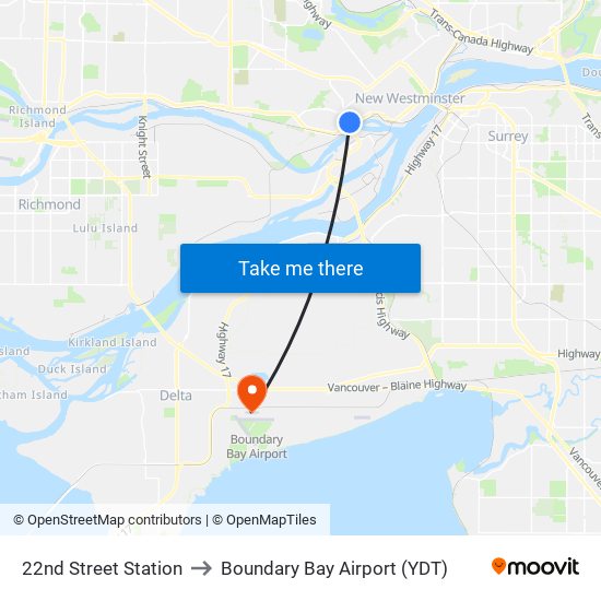 22nd Street Station to Boundary Bay Airport (YDT) map