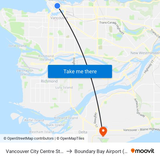 Vancouver City Centre Station to Boundary Bay Airport (YDT) map