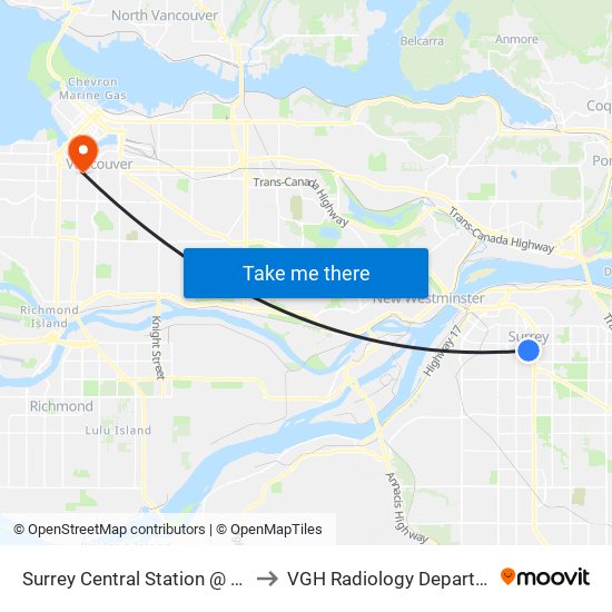 Surrey Central Station @ Bay 4 to VGH Radiology Department map