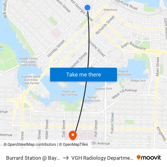 Burrard Station @ Bay 1 to VGH Radiology Department map