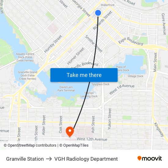 Granville Station to VGH Radiology Department map