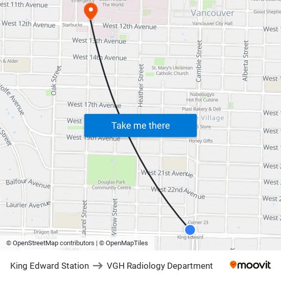 King Edward Station to VGH Radiology Department map