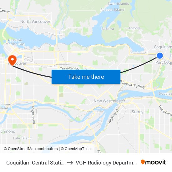 Coquitlam Central Station to VGH Radiology Department map