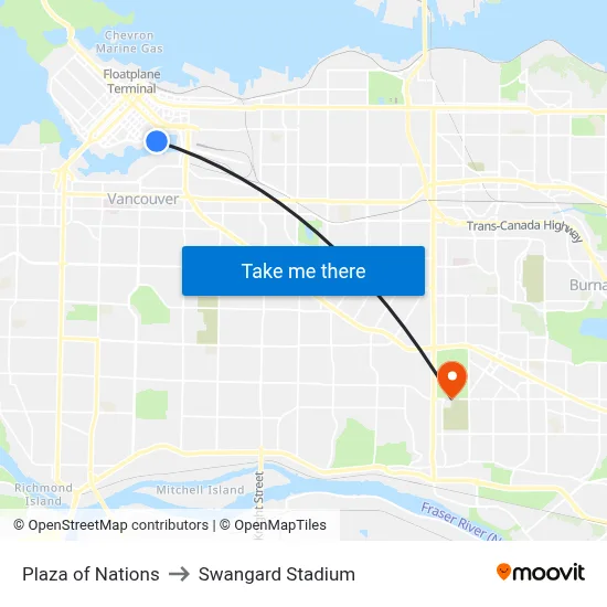 Plaza of Nations to Swangard Stadium map