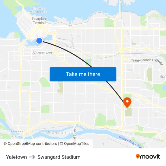 Yaletown to Swangard Stadium map