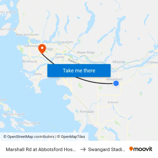 Marshall Rd at Abbotsford Hospital to Swangard Stadium map