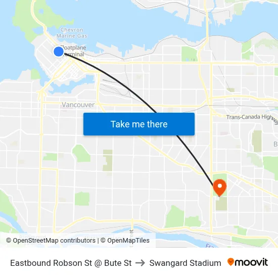 Eastbound Robson St @ Bute St to Swangard Stadium map