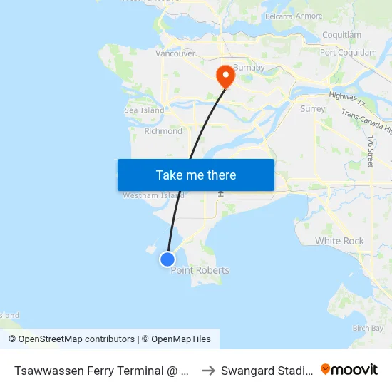 Tsawwassen Ferry Terminal @ Bay 2 to Swangard Stadium map