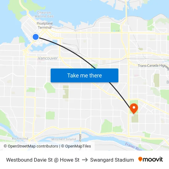 Westbound Davie St @ Howe St to Swangard Stadium map