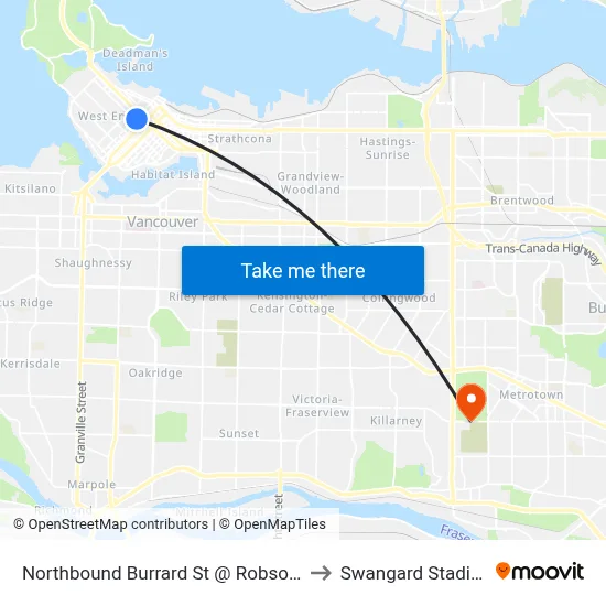 Northbound Burrard St @ Robson St to Swangard Stadium map