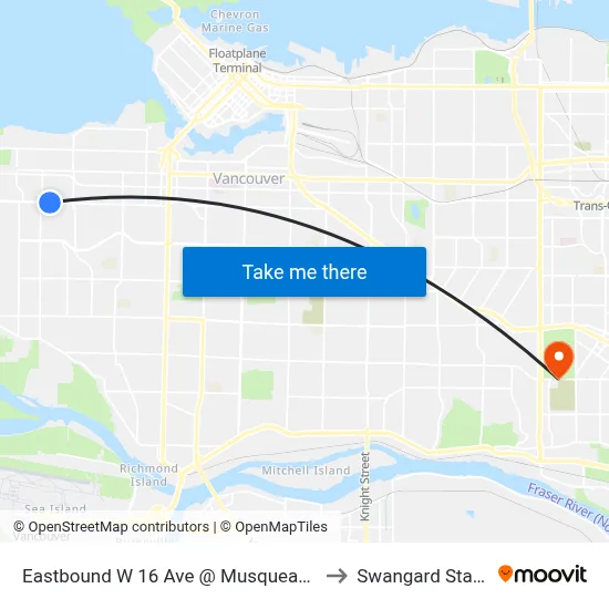 Eastbound W 16 Ave @ Musqueamview St to Swangard Stadium map