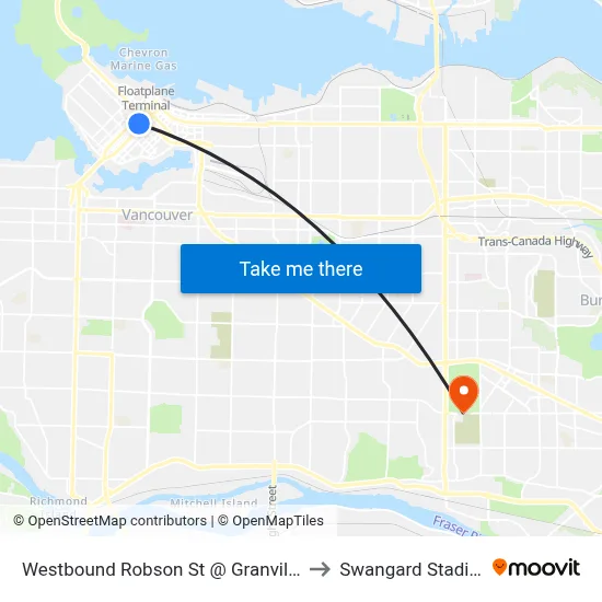 Westbound Robson St @ Granville St to Swangard Stadium map