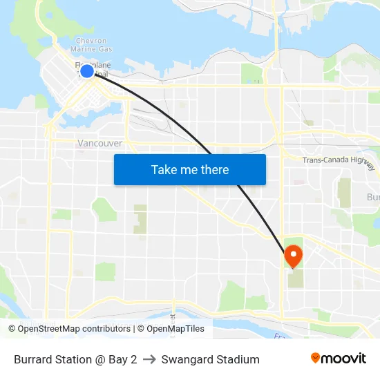 Burrard Station @ Bay 2 to Swangard Stadium map