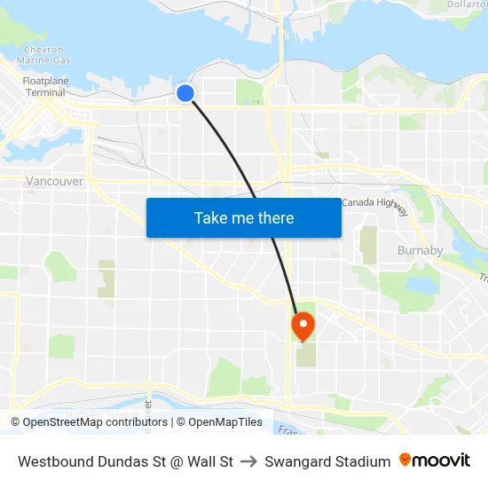 Westbound Dundas St @ Wall St to Swangard Stadium map