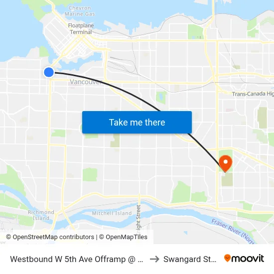 Westbound W 5th Ave Offramp @ Granville St to Swangard Stadium map