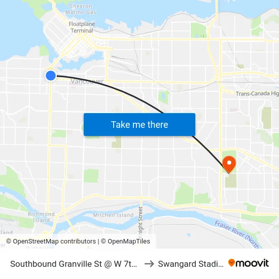 Southbound Granville St @ W 7th Ave to Swangard Stadium map