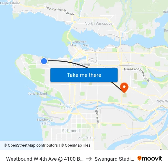 Westbound W 4th Ave @ 4100 Block to Swangard Stadium map