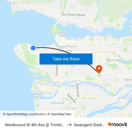 Westbound W 4th Ave @ Trimble St to Swangard Stadium map
