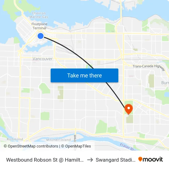 Westbound Robson St @ Hamilton St to Swangard Stadium map