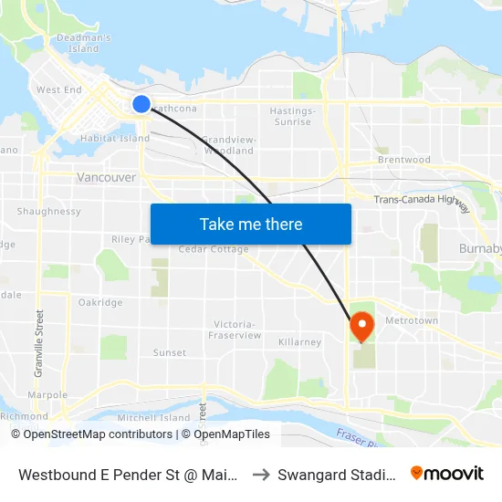 Westbound E Pender St @ Main St to Swangard Stadium map
