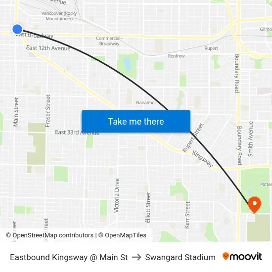 Eastbound Kingsway @ Main St to Swangard Stadium map
