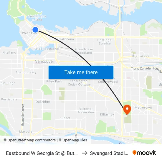 Eastbound W Georgia St @ Bute St to Swangard Stadium map