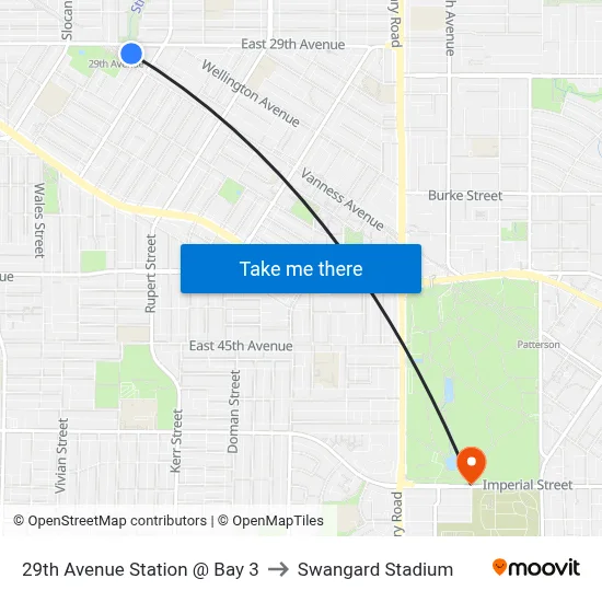29th Avenue Station @ Bay 3 to Swangard Stadium map