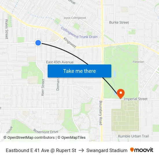 Eastbound E 41 Ave @ Rupert St to Swangard Stadium map