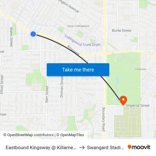 Eastbound Kingsway @ Killarney St to Swangard Stadium map