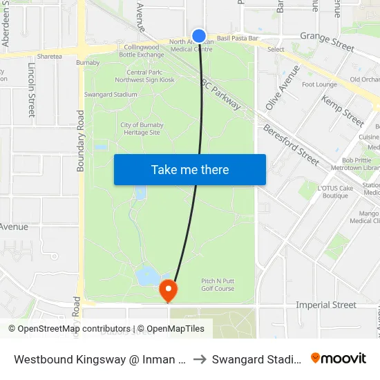 Westbound Kingsway @ Inman Ave to Swangard Stadium map