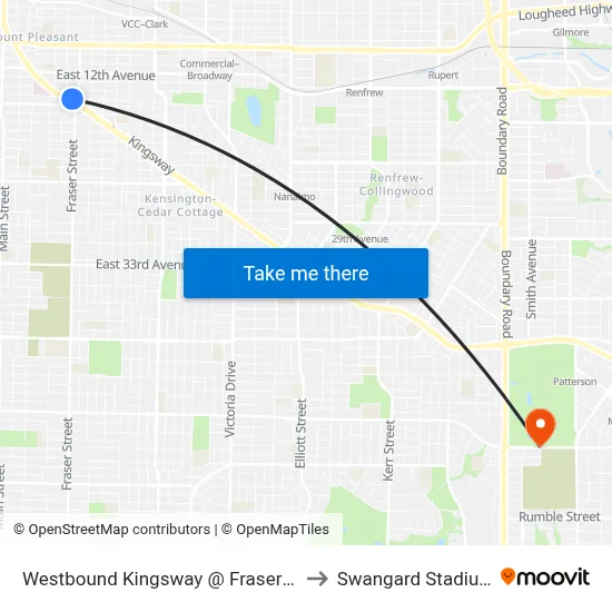 Westbound Kingsway @ Fraser St to Swangard Stadium map