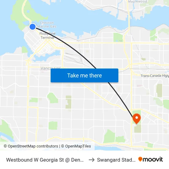 Westbound W Georgia St @ Denman St to Swangard Stadium map