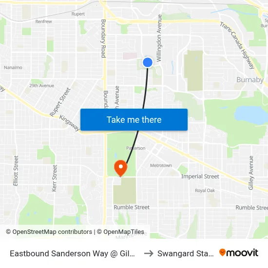 Eastbound Sanderson Way @ Gilmore Way to Swangard Stadium map