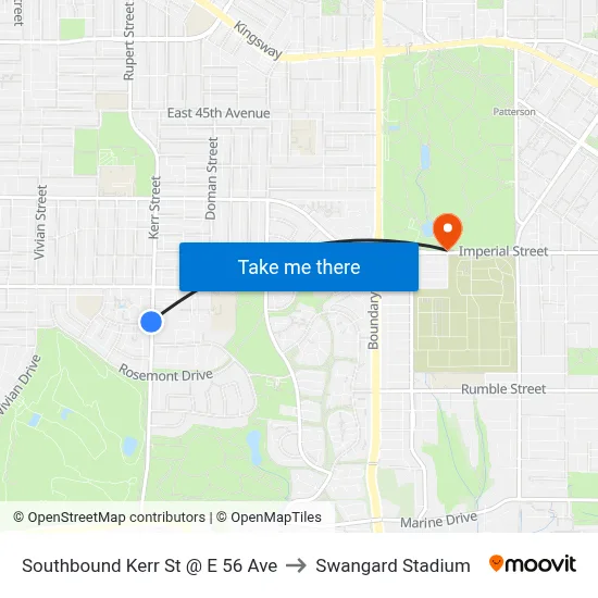 Southbound Kerr St @ E 56 Ave to Swangard Stadium map