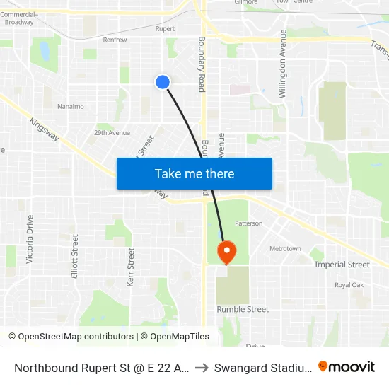 Northbound Rupert St @ E 22 Ave to Swangard Stadium map