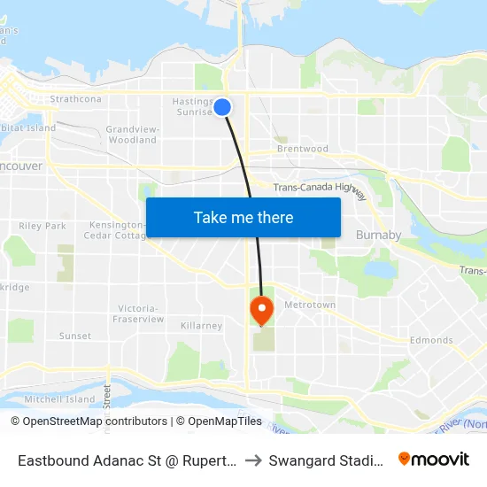 Eastbound Adanac St @ Rupert St to Swangard Stadium map
