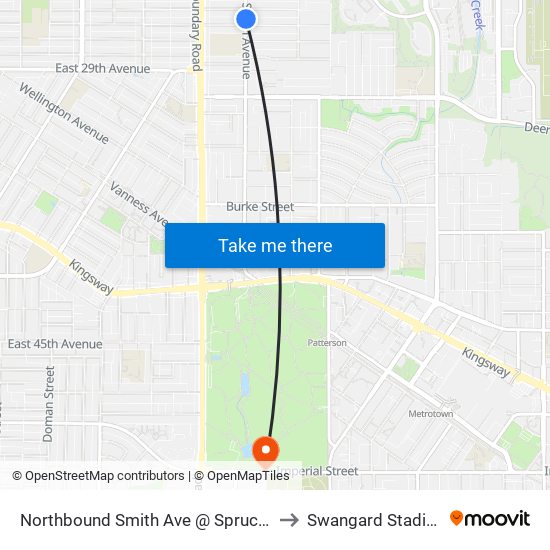 Northbound Smith Ave @ Spruce St to Swangard Stadium map