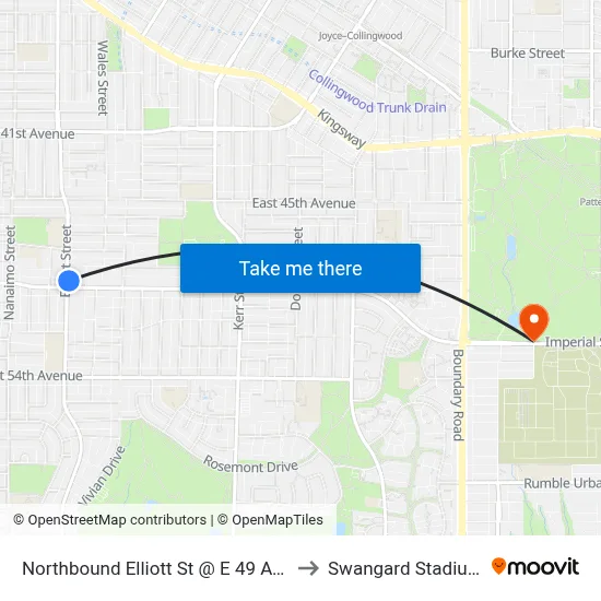 Northbound Elliott St @ E 49 Ave to Swangard Stadium map