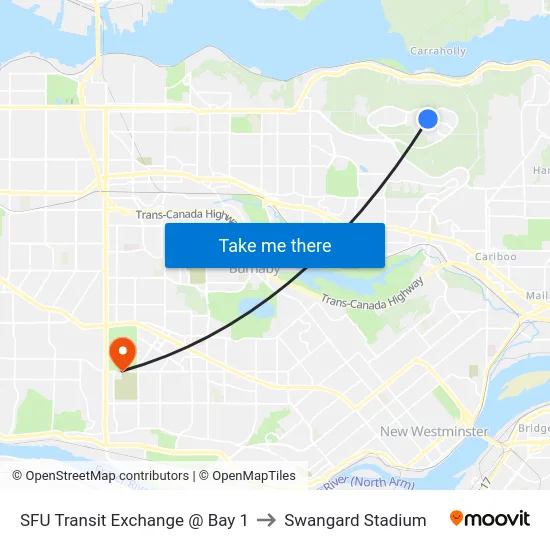 SFU Transit Exchange @ Bay 1 to Swangard Stadium map