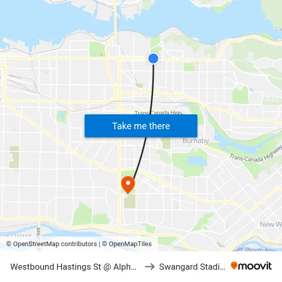 Westbound Hastings St @ Alpha Ave to Swangard Stadium map