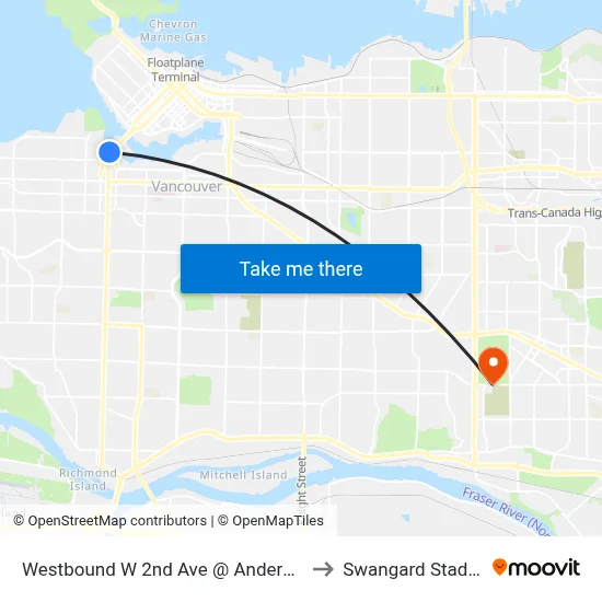 Westbound W 2nd Ave @ Anderson St to Swangard Stadium map