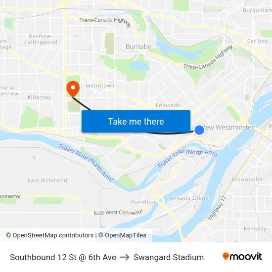 Southbound 12 St @ 6th Ave to Swangard Stadium map