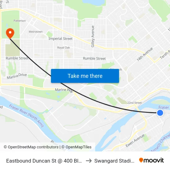 Eastbound Duncan St @ 400 Block to Swangard Stadium map