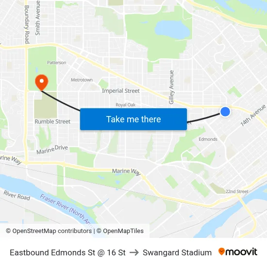 Eastbound Edmonds St @ 16 St to Swangard Stadium map