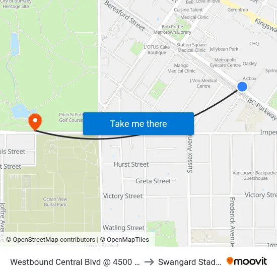 Westbound Central Blvd @ 4500 Block to Swangard Stadium map
