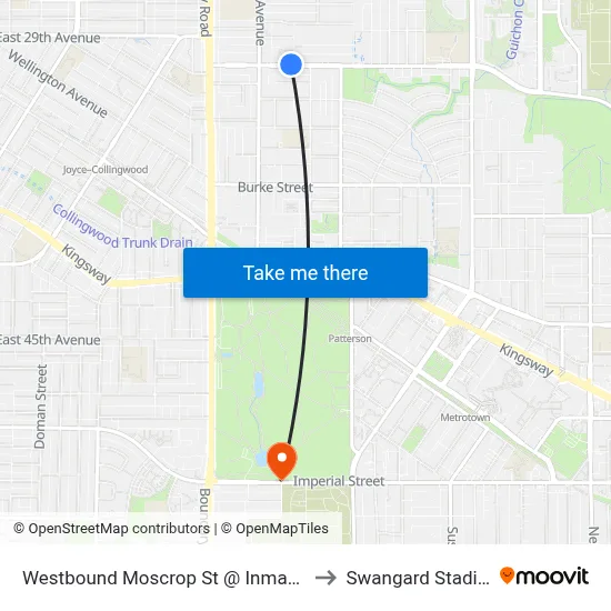Westbound Moscrop St @ Inman Ave to Swangard Stadium map